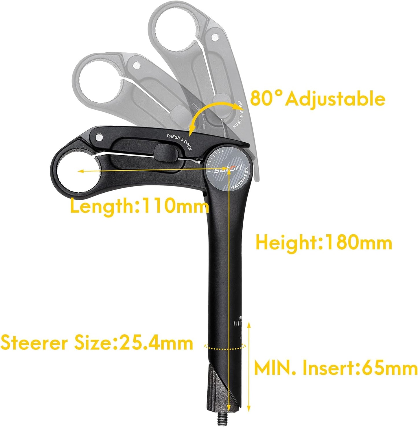 Satori EZ3 QUILL Bike Bicycle Riser Extension Tool-Less 0-80 Degree Adjustable Stem 31.8mm x 110mm for 1-1/8" / 28.6mm Threaded Fork