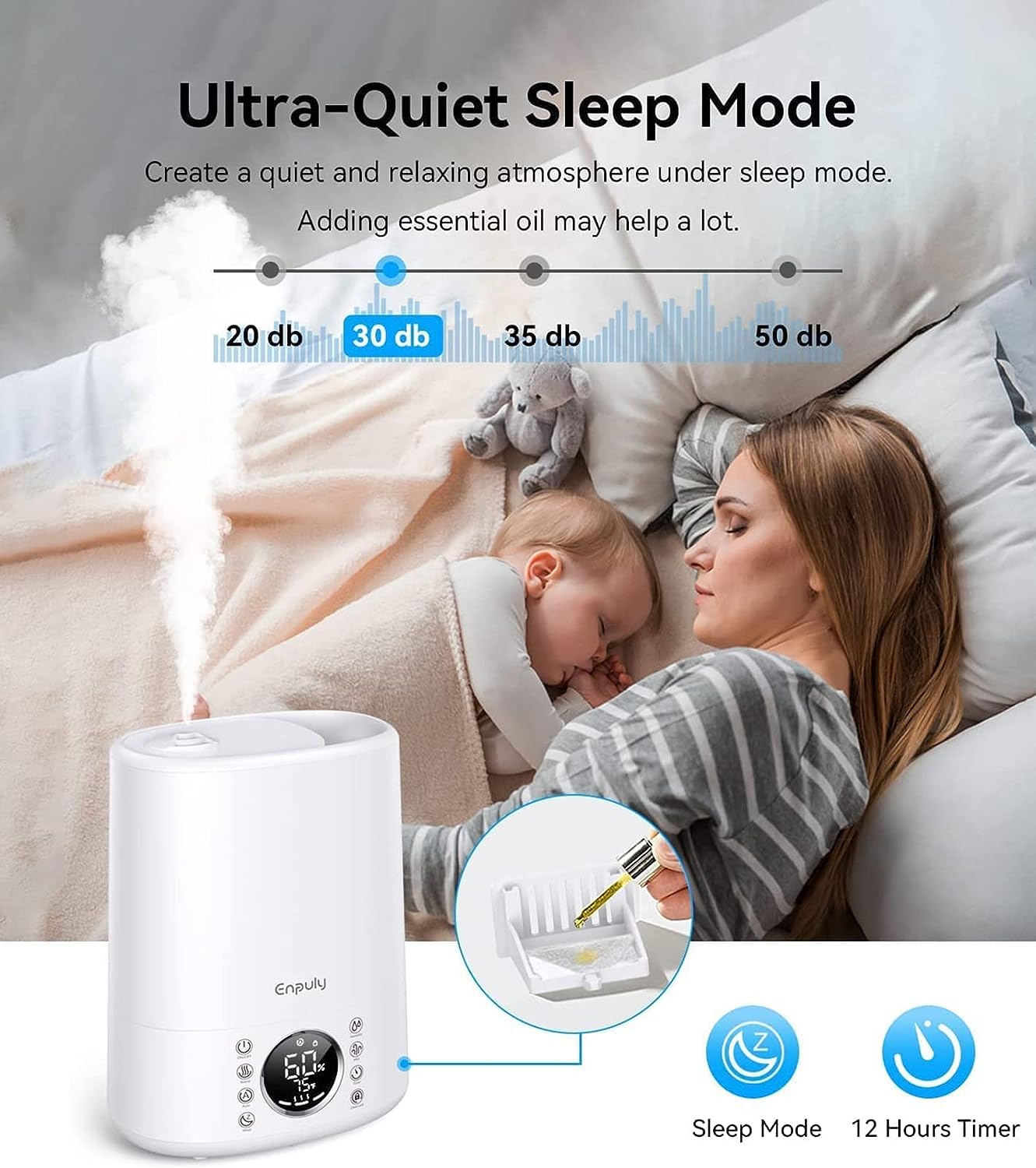 ENPULY 6L Top Fill Warm and Cool Mist Humidifiers for Bedroom/Large Room(Max 861sq.ft), 12 Levels Dual Mists Air Humidifier, Essential Oil Tray, Sleep Mode, 12 Hrs Timer, Child Lock(White)