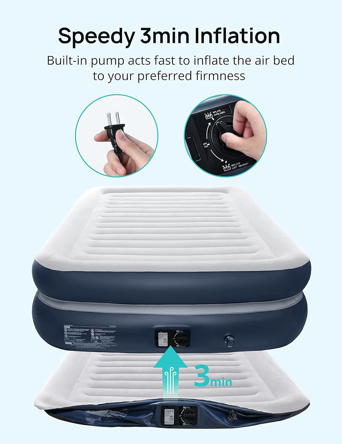 Evajoy Full Size Air Mattress with Built in Pump, 18'' Inflatable Luxury Double High Blow Up Mattress, Easy to Inflate/Quick Set Bed, Durable Portable Waterproof Blue & Grey (EJ-HF001)