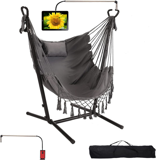 Hammock with Stand Phone Holder Included Double Hanging Chair Macrame Boho Handmade Adjustable Swing Indoor Outdoor Patio Yard Garden Porch 400lbs Capacity (2022 Grey)