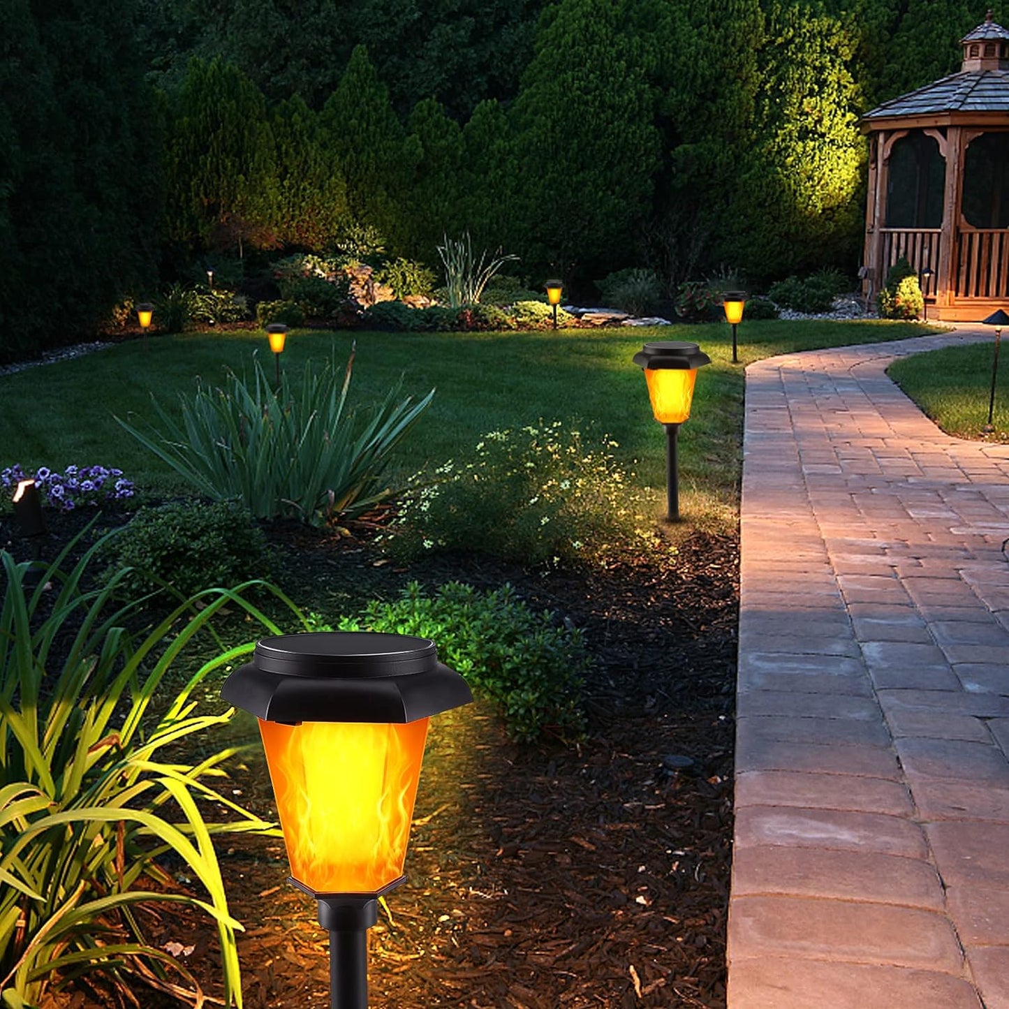 Flickering Flame Solar Lights, IMAGE 4 Pcs Solar Torch Light with Flickering Flame, Solar Powered Lights with Waterproof Function, Torch Solar Lights Outdoor with Ground Spike for Yard, Patio and Lawn