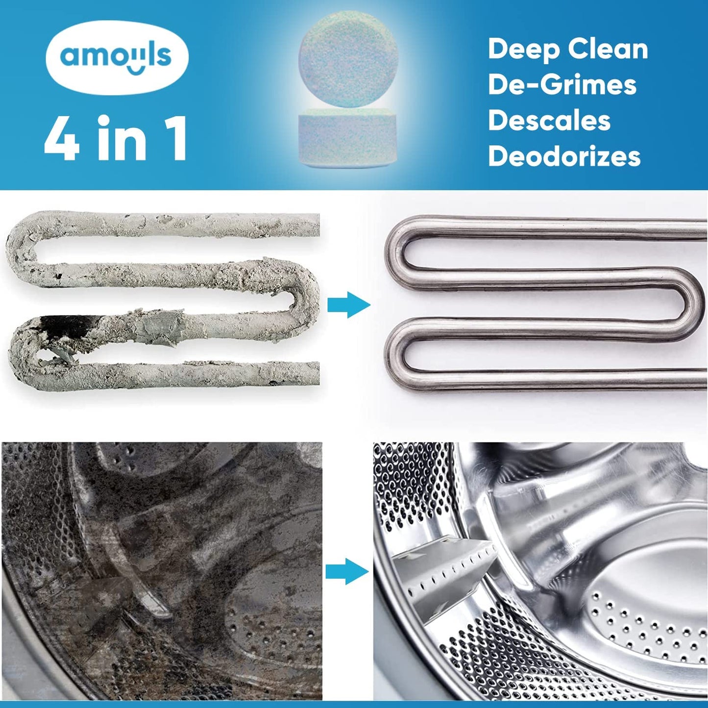 amoyls Washing Machine Cleaner | Removes Odors & Grime from Front & Top Loader Machines, including HE (Ocean - 24 Tablets)