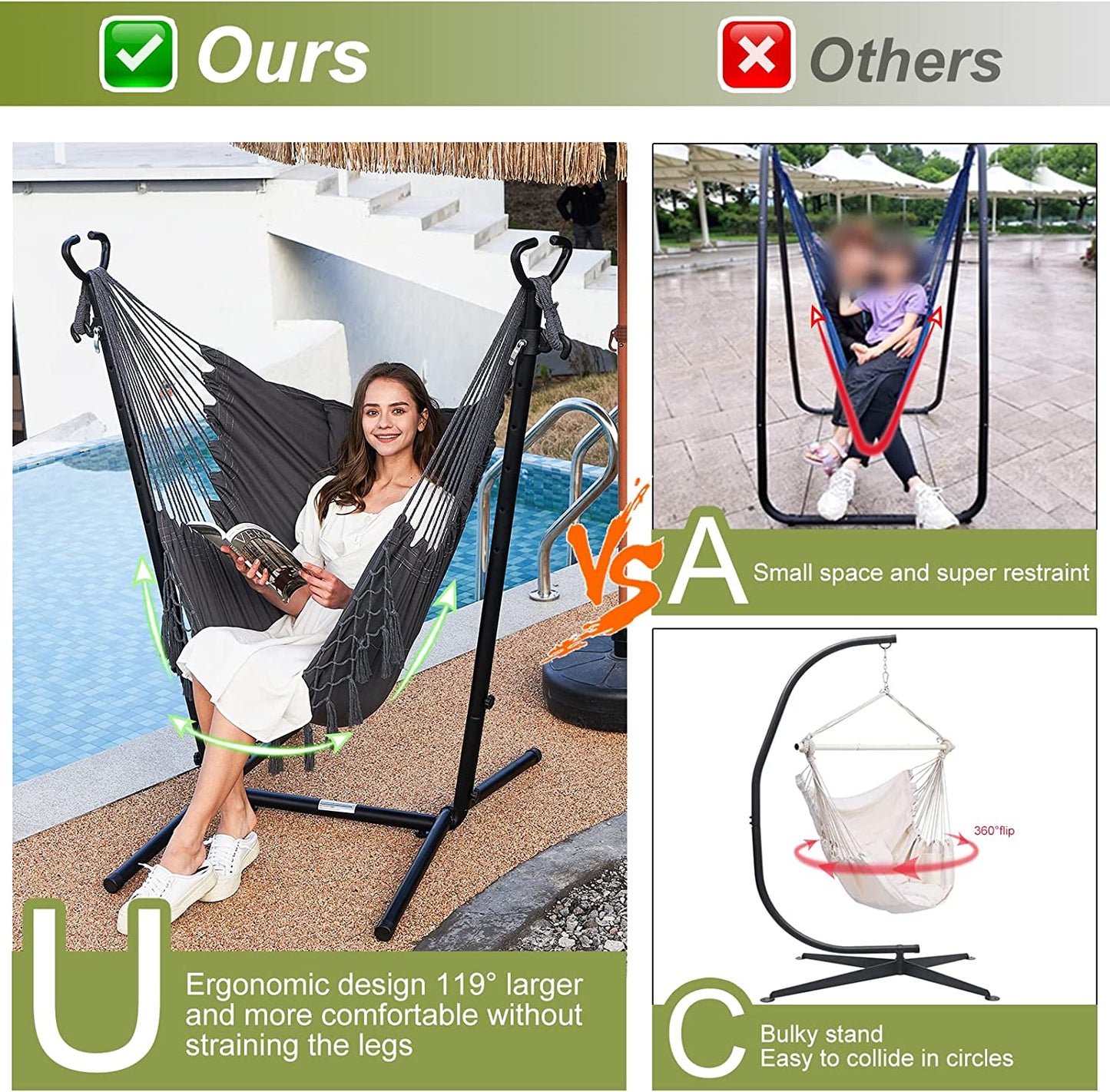 Hammock with Stand Phone Holder Included Double Hanging Chair Macrame Boho Handmade Adjustable Swing Indoor Outdoor Patio Yard Garden Porch 400lbs Capacity (2022 Grey)