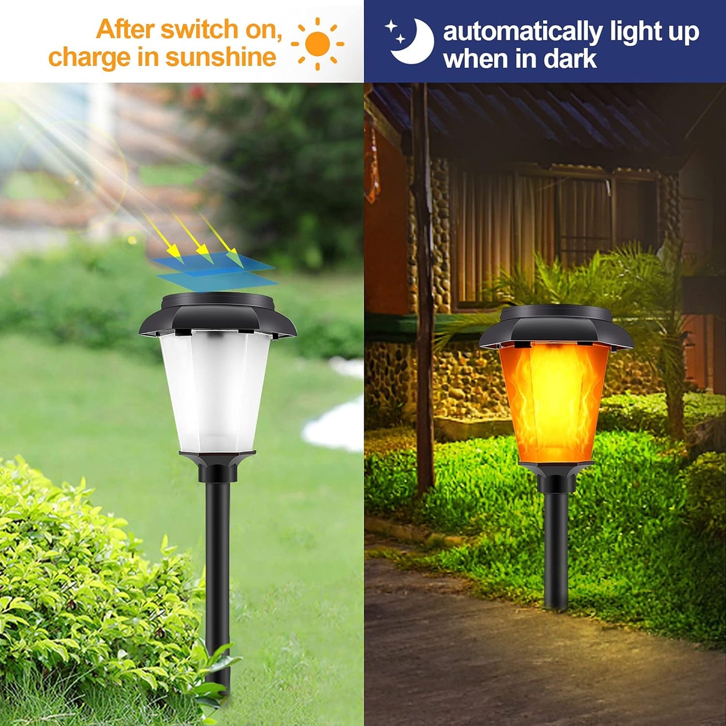 Flickering Flame Solar Lights, IMAGE 4 Pcs Solar Torch Light with Flickering Flame, Solar Powered Lights with Waterproof Function, Torch Solar Lights Outdoor with Ground Spike for Yard, Patio and Lawn