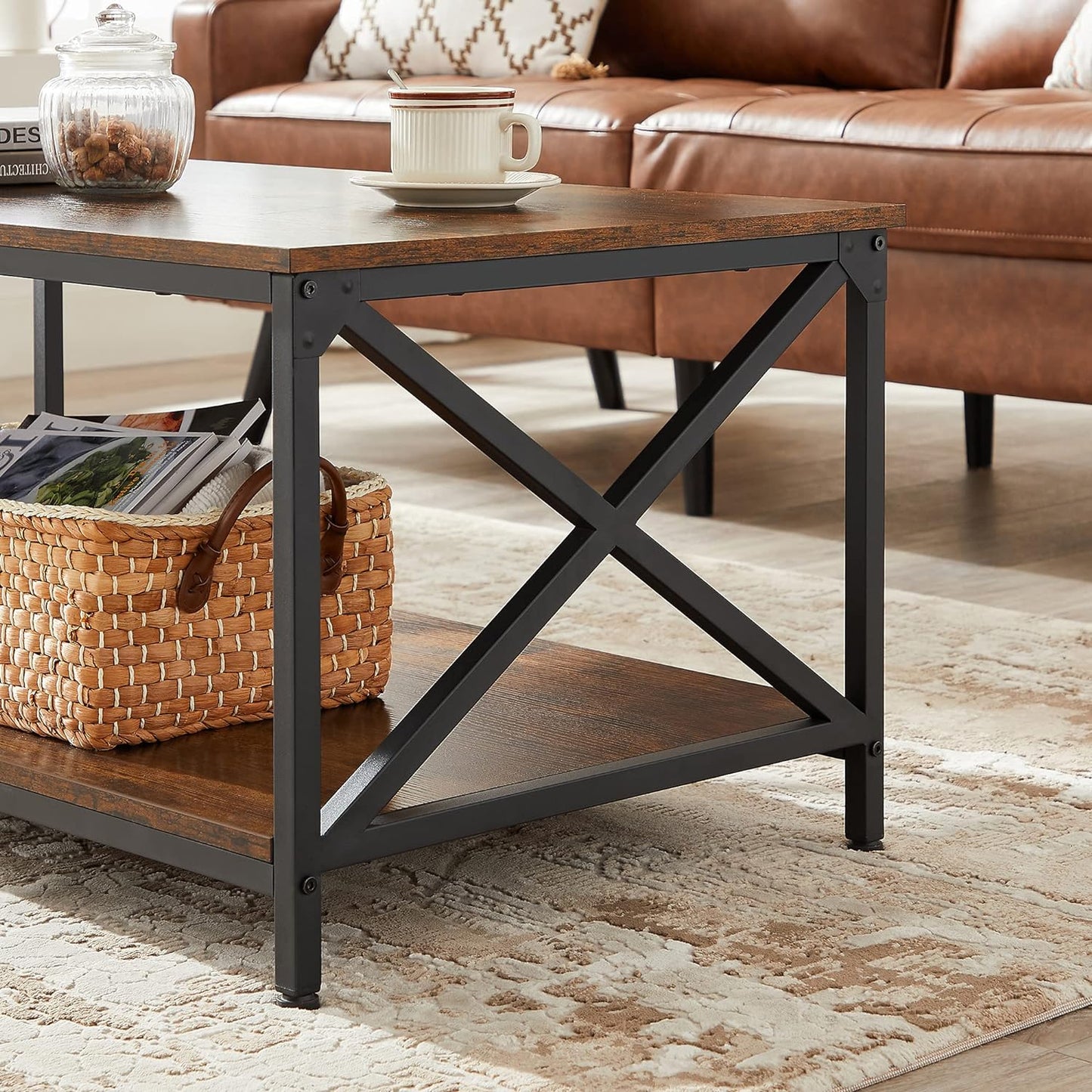 Coffee Table, Cocktail Table with Storage Shelf and X-Shape Steel Frame, Industrial Farmhouse Style, 39.4 x 21.7 x 17.7 Inches, Rustic Brown and Black