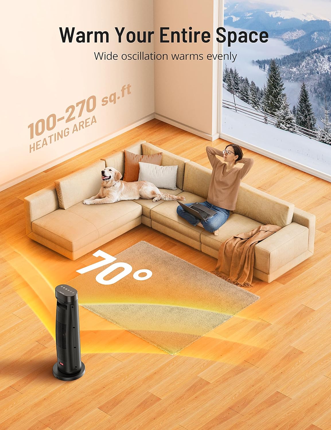 $25 off!!! Space Heater, Paris Rhône 22” Space Heater for Large Room, 1500W Fast Heating Electric Indoor Heater, 70°Oscillating,12h Timer, Portable Heater with Overheat &Tip-Over Protection for Office Bedroom