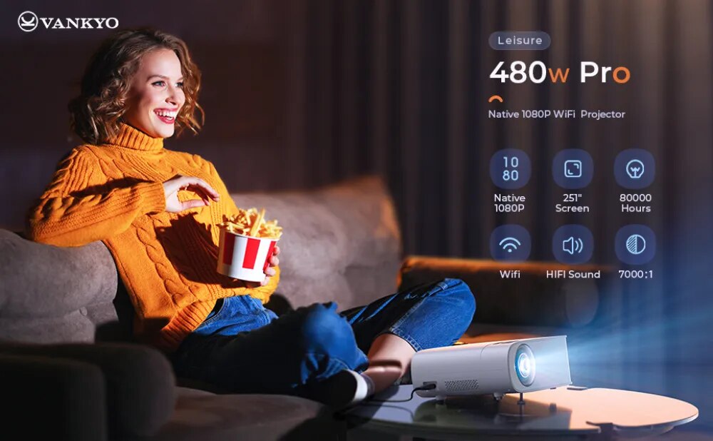 $100 off!!! VANKYO Leisure 480W WiFi Projector, Full HD LCD Native 1080P Projector W/ 100" Projection Screen, Outdoor Movie Projector Support 4K