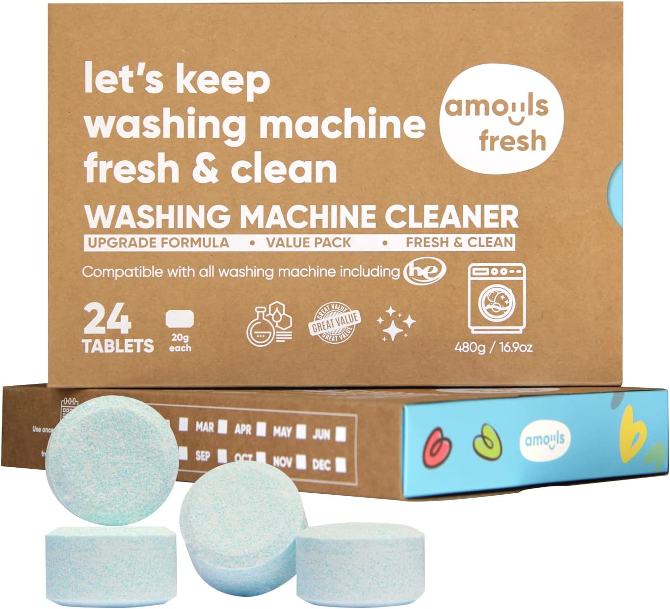 amoyls Washing Machine Cleaner | Removes Odors & Grime from Front & Top Loader Machines, including HE (Ocean - 24 Tablets)