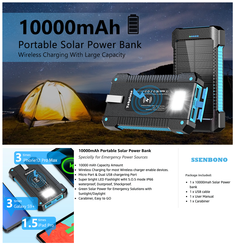 10,000mAh, Wireless Solar Power Bank