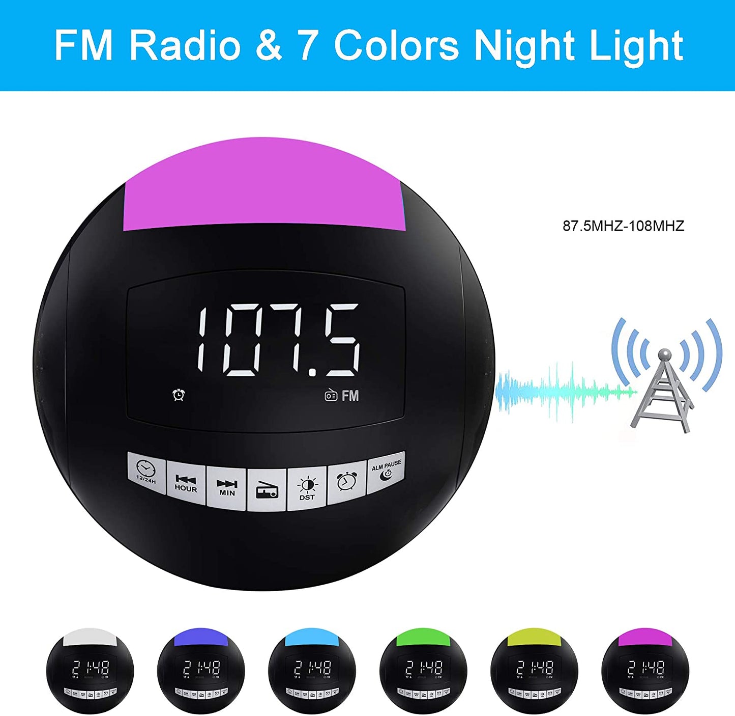 Clock Radio,Alarm Clock for Bedroom,Battery Operated/Plug in Digital Clock with FM Radio,Dual USB Ports,Sleep Timers, 7 Colors Night Light,Snooze,Dimmer,LED Display for Heavy Sleepers Kids Nightstand